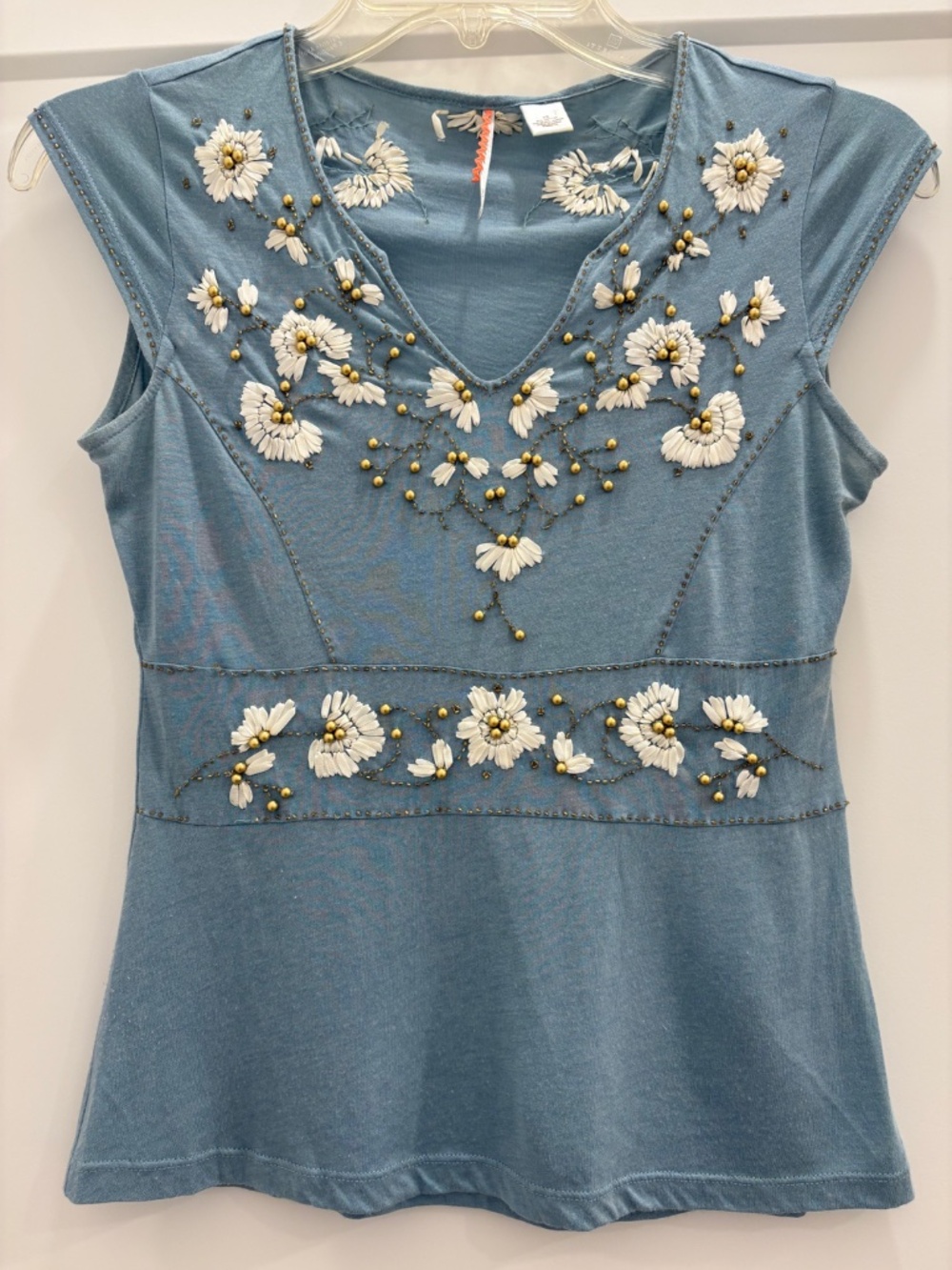 RIC RAC Blue Top Embellished with Gold Balls and Beading with White Flowers; XS